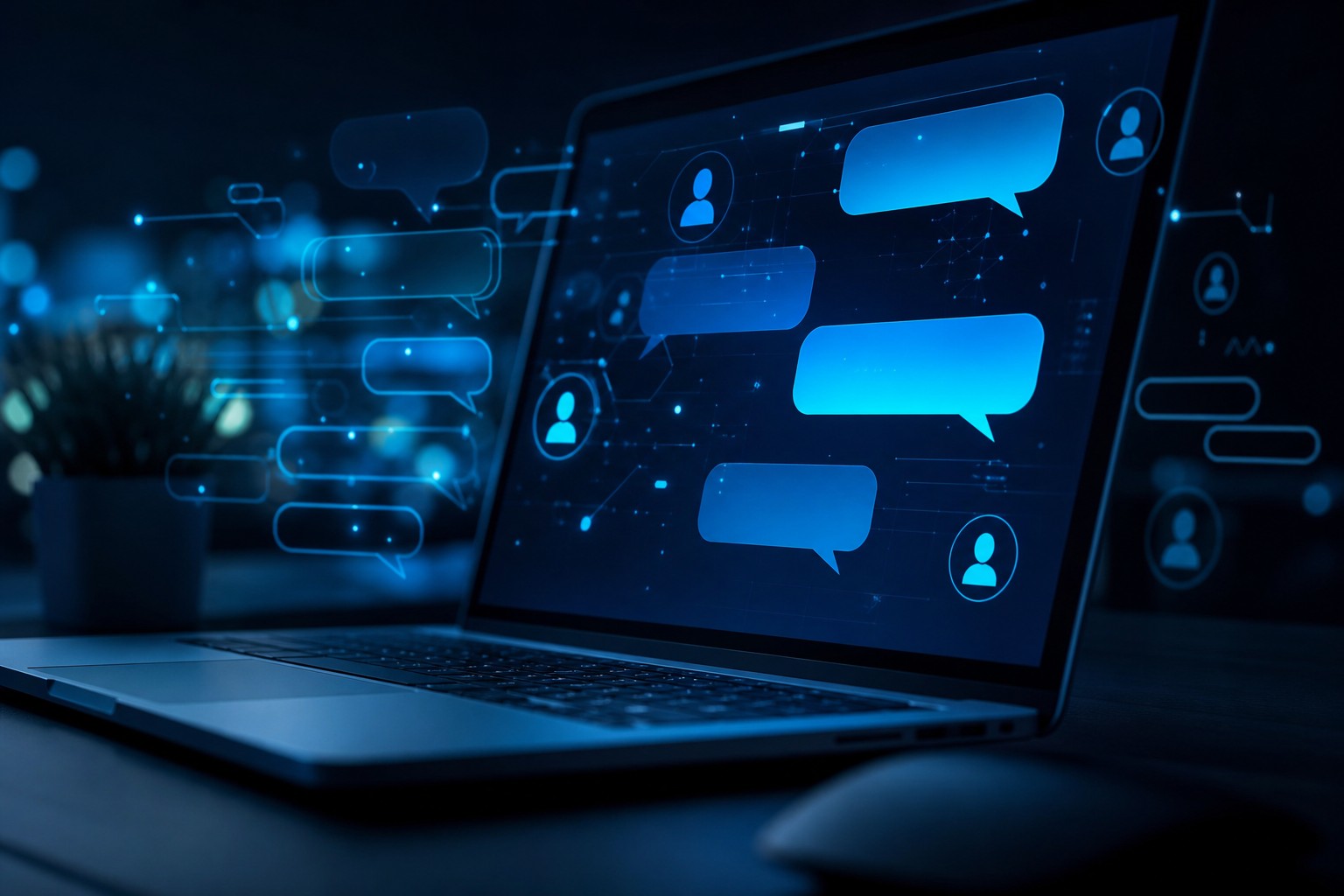 Laptop screen displaying glowing blue chat conversation bubbles in a dark digital workspace