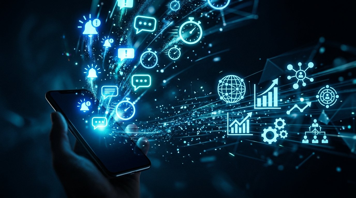 Glowing blue notification icons and chat bubbles emanating from a smartphone in a dark digital environment