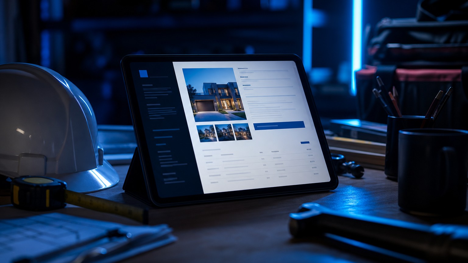 Tablet displaying a digital proposal on a contractor's desk with tools and hard hat in blue ambient lighting