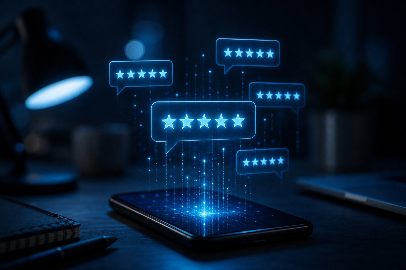 Glowing five-star review bubbles floating above a smartphone with blue cyan digital data streams