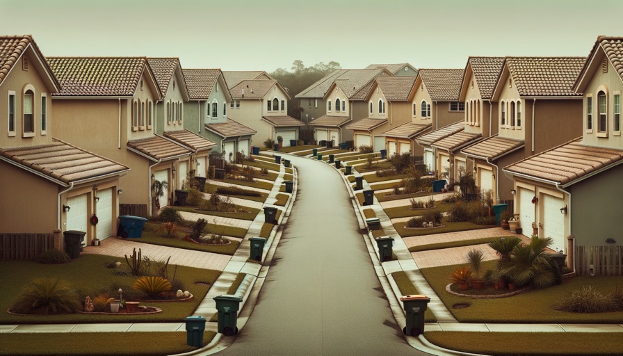 Neglected Florida rental homes with sparse landscaping and no personal touches — the look of institutional ownership