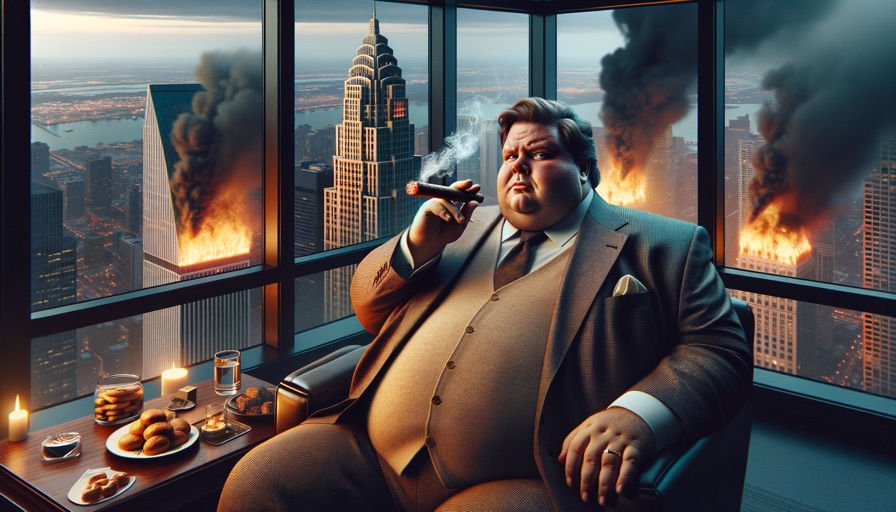 A wealthy man smoking a cigar in a corner office overlooking a smoldering city