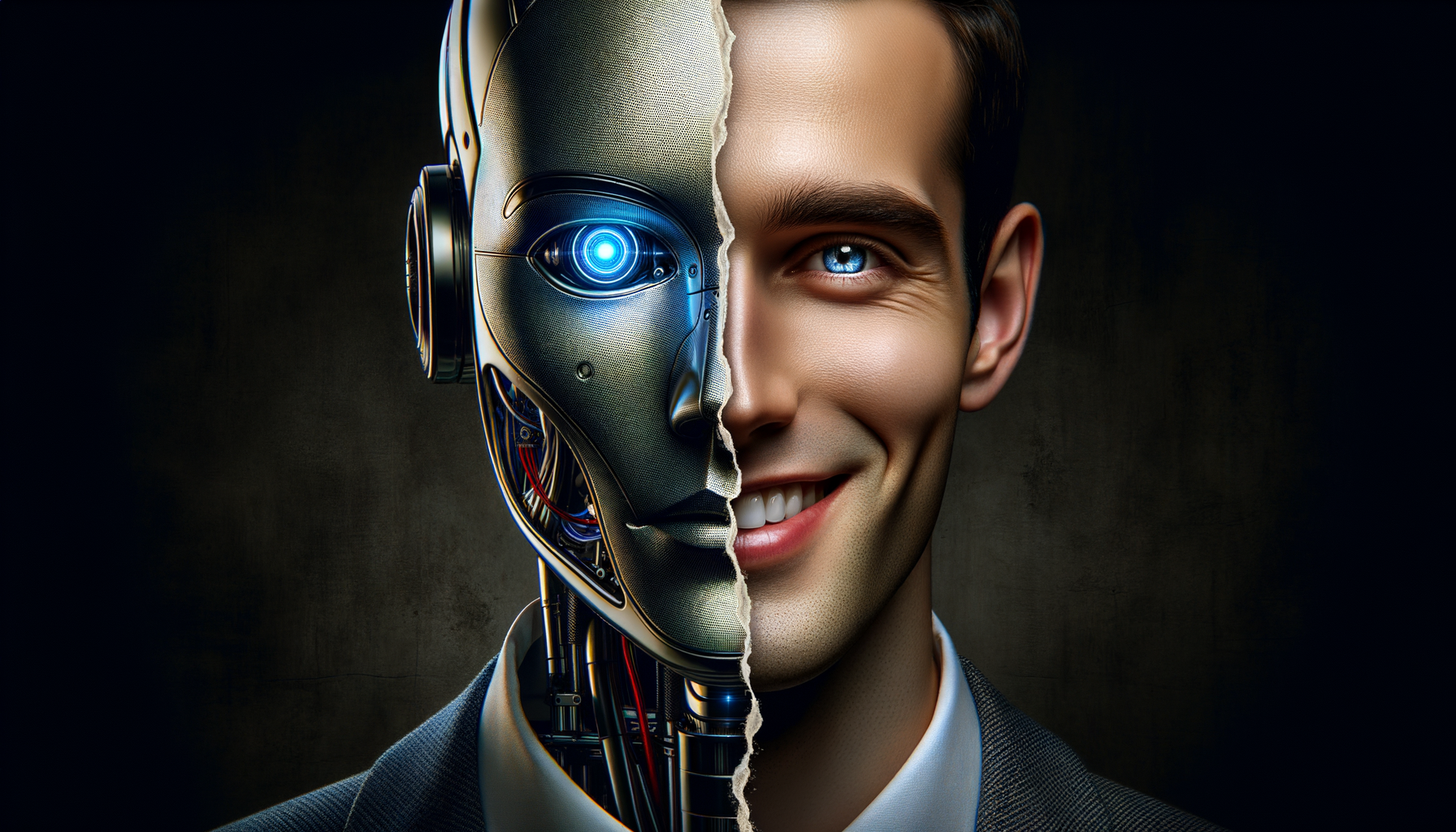 Split portrait — robot face and human face, both wearing masks