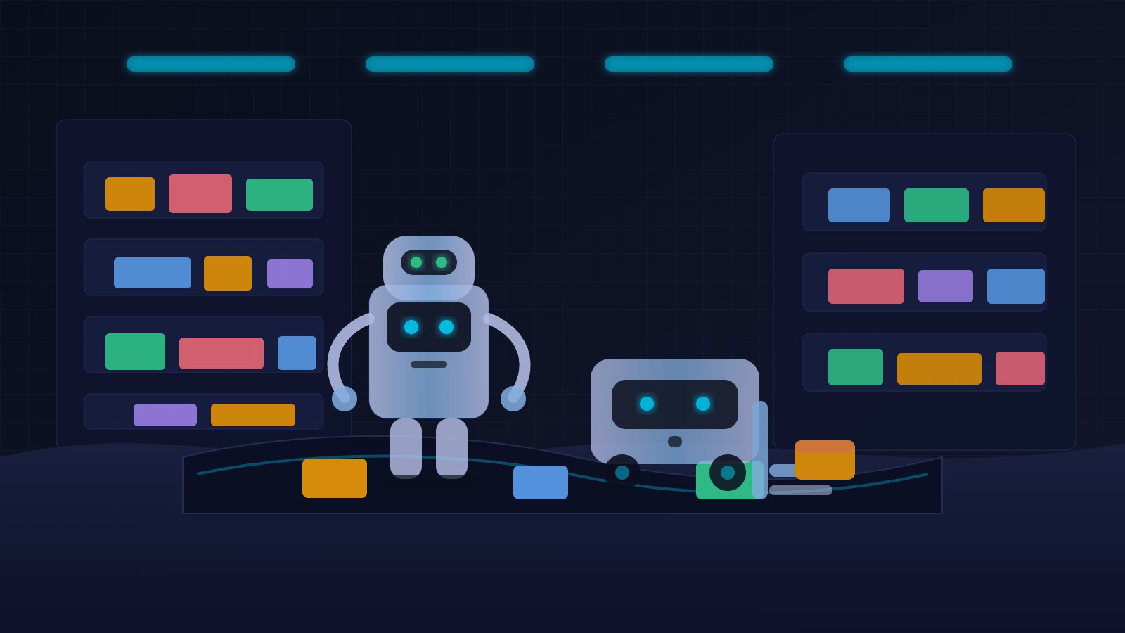 Robots working in a warehouse with conveyor belts and shelves